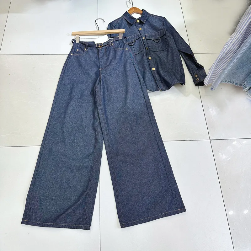 

SuperAen Korean Style Summer New Casual Loose Women Long-sleeved Denim Jacket Long High Waist Pants Two Pieces Sets