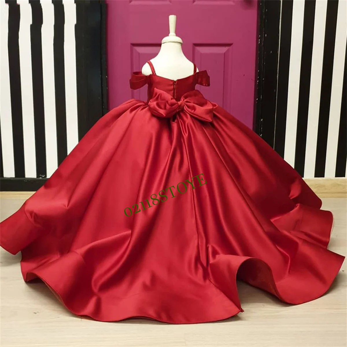 Red Satin Flower Girl Dresses Bow Cute Girl Dress Wedding Party Dress Kid Birthday Dress First Communion Dress Girl Party Dress