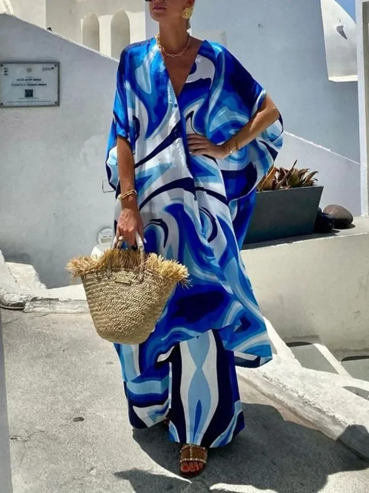 

Yeezzi 2024, новые летние длинные платья с рукавами «летучая мышь», женские модные свободные пляжные вечерние платья на пуговицах с v-образным вырезом и принтом