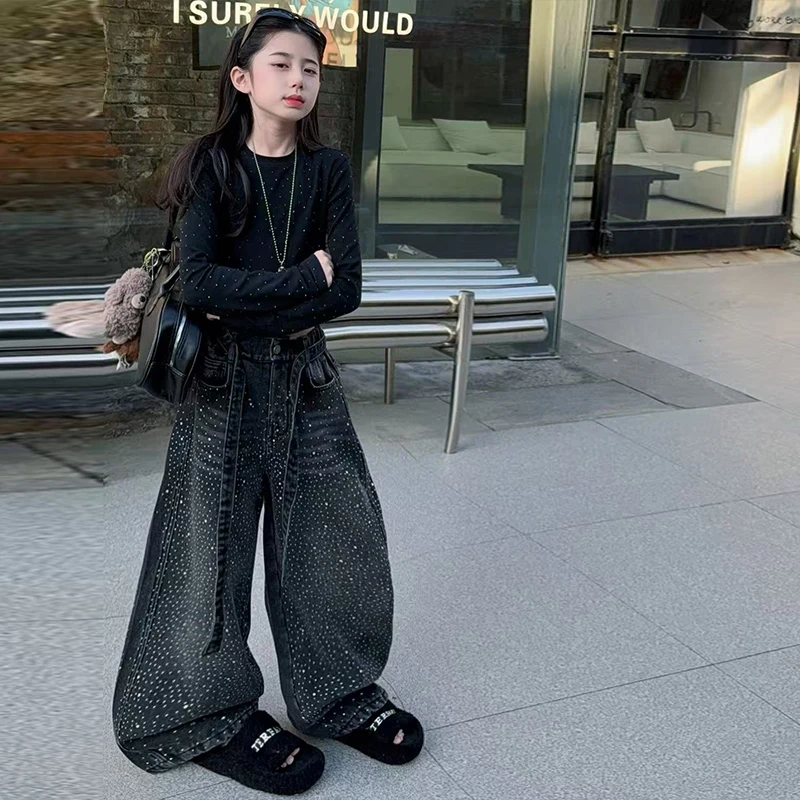 spring teen girls Bright diamond wide leg jeans 4 6 8 10 12 14 junior kids casual shining pants cotton top t-shirt child clothes