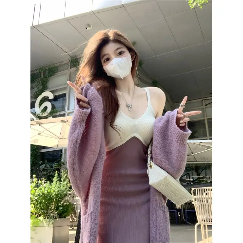 

Women Dress Set Two Piece Female Fashion Cardigan Jacket and Elegant V-neck Suit Femme Ladies es Outfits G263