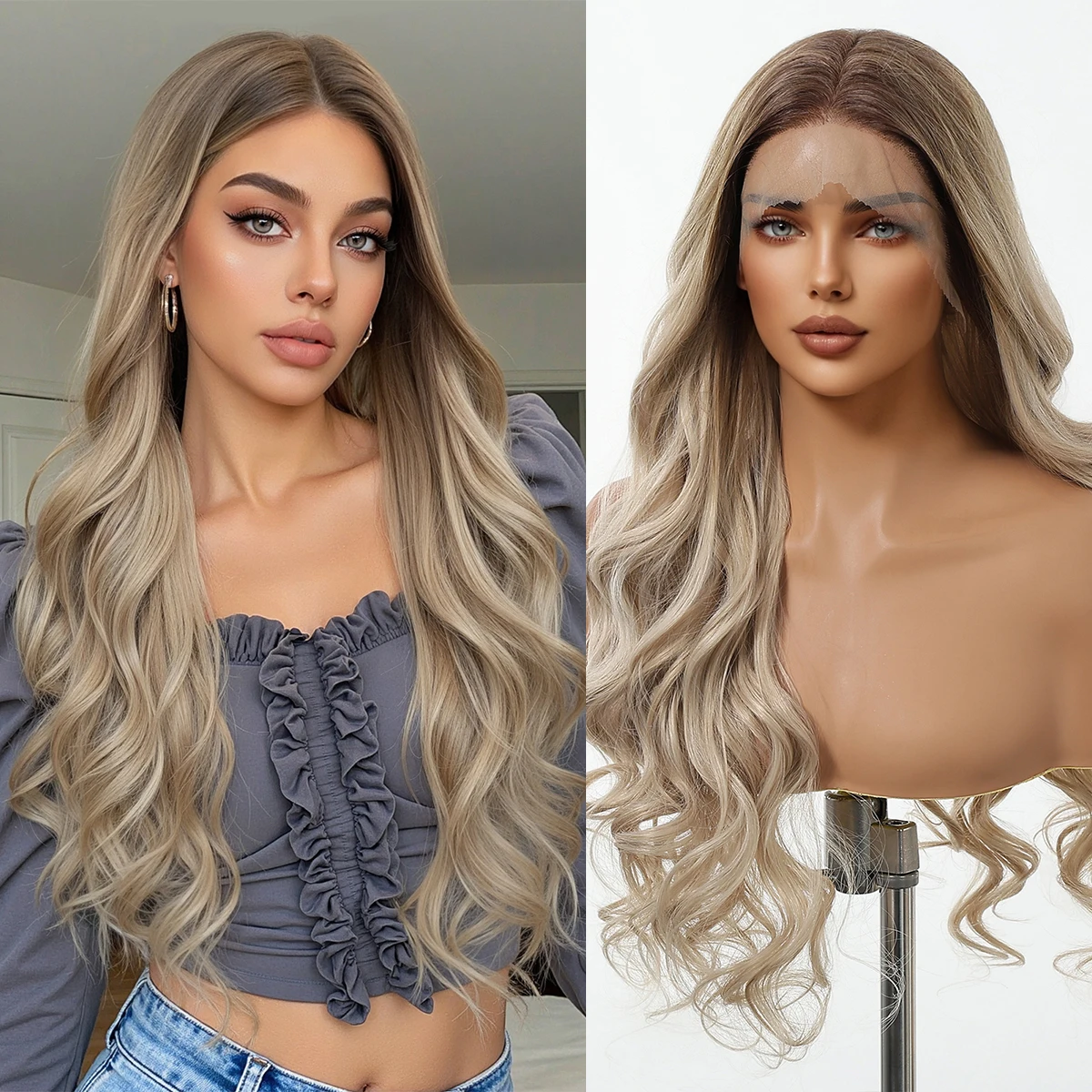 

DWY Длинные волнистые вьющиеся синтетические парики 13*3,5 Кружевные волосы Коричневый блондин Ombre Парики шнурка Свободная часть Натуральные волосы Термостойкие Ежедневное использование