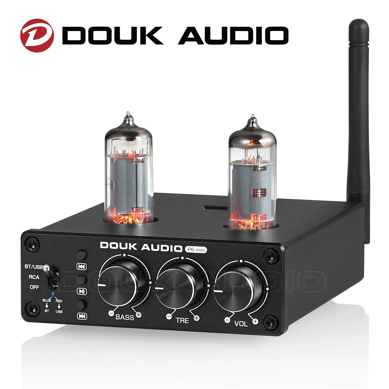 Douk Audio HiFi Bluetooth 5.0 Valve Tube Preamp Stereo Receiver USB Player Home Desktop Pre-amplifier w/Treble Bass Control