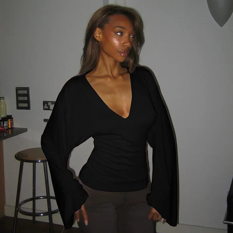 Long Sve V-ne Flared T-irt Women's Pure Color High Waist Five-quarter Pants Polyester Spring 2025 Faion Ladies' Wear