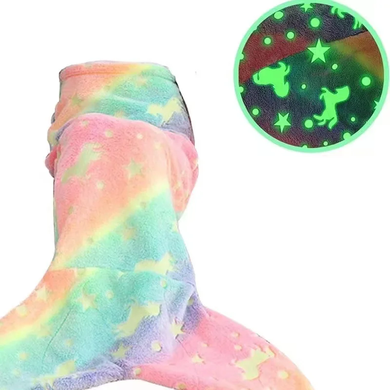 Night Glow Cartoon Rainbow Unicorn Glow in The Dark Flannel Mermaid Tail Blanket All Seasons Gifts Wearable Companion Blankets