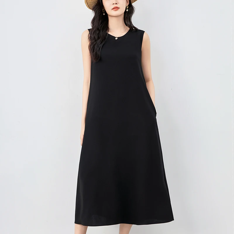 

100% Acetate Women's Black Dress 2024 Summer Elegant Fashion Dresses For Women Sleeveless Solid Woman Long Tank Dress A-line