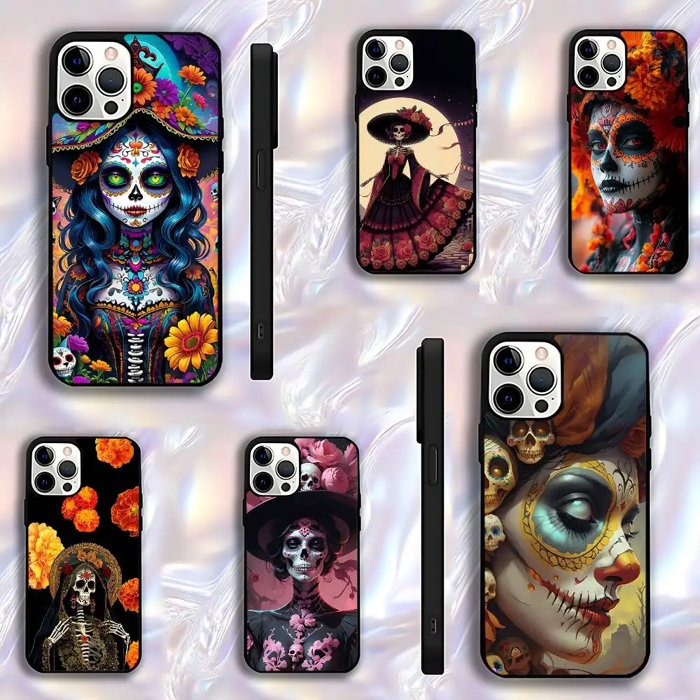 

Day of the Dead Mexican Catrina Skull Phone Case For iPhone 17,16,15,14,13,12,11,Pro,Max,Plus,E,Air,Mini Protective Black Cover