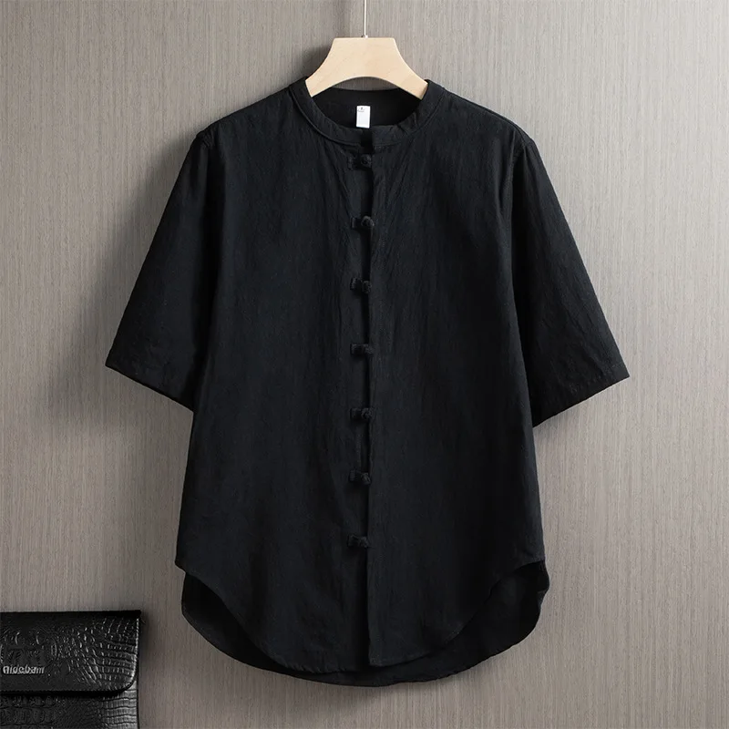 Camicia a maniche corte in stile cinese per uomo Hanfu in lino di cotone retrò con chiusura a bottoni tradizionale orientale Abito Kung Fu CN-195