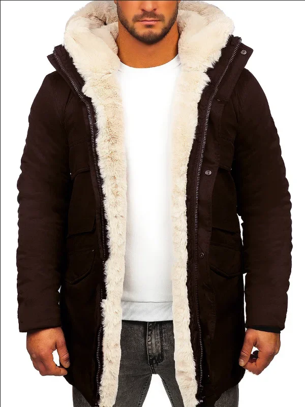 Warm Faux Fur Jacket Coat Parka Hooded Men Autumn Winter Long Sleeve Fashion Casual Zipper Solid Color Jackets