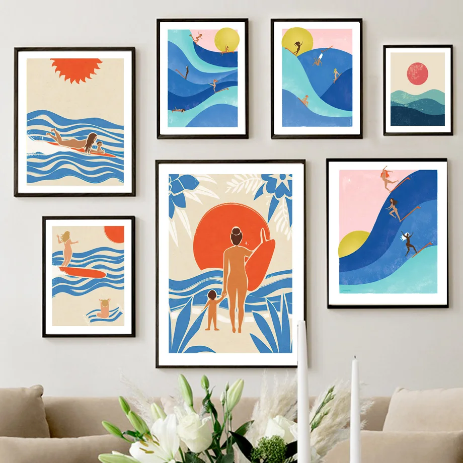 Boho Retro Rainbow Sea Women Mom And Baby Surf Poster Wall Art Print Beach Sunset Canvas Painting Wall Picture Living Room Decor