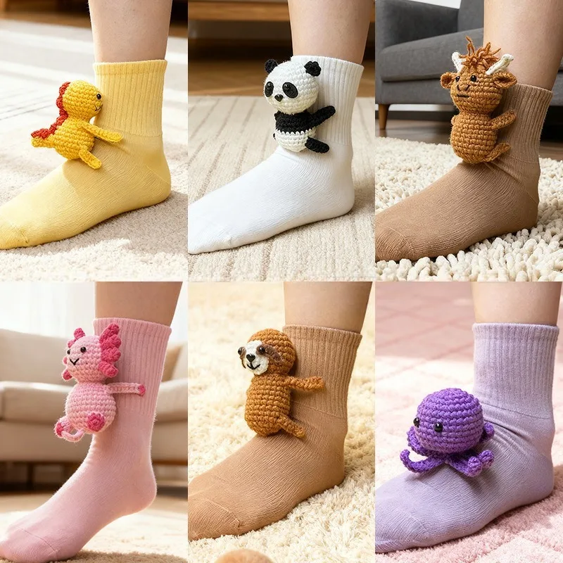 3D Knit Animal Socks Double Layer Warm Funny Socks Hand Crocheted Breathable Middle Tube Socks Christmas Gifts