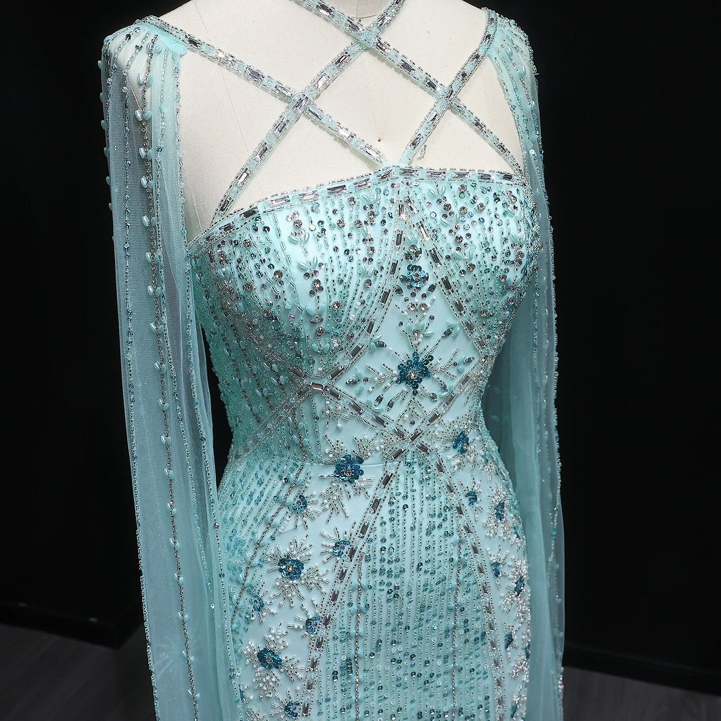 Sharon Said Dubai Champagner Meerjungfrauen-Abendkleider mit Cape-Ärmeln Aqua Criss Cross Flieder Hochzeits-Partykleid SS391 Maßanfertigung – Detail 13