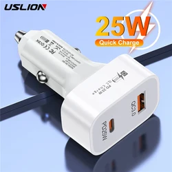 USLION 25W USB C Car Charger Quick Charge QC3.0 PD3.0 PD Fast Charger USB Type C Car Fast Charging For iPhone 14 Samsung Xiaomi