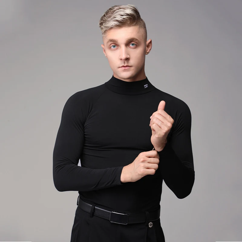 Fashion Male High Collar Modern Dancing Top Black Long Sleeved Ballroom Dance Tops Men Performance Latin Dance Shirt SL9593