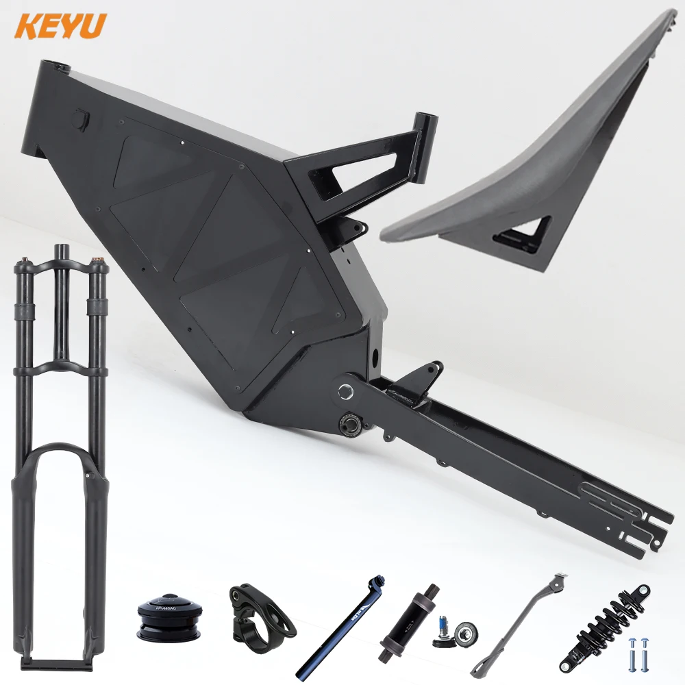 KEYU New EBike Frame F7 Kit + Long Motorcycle Seat + Front Fork Kit Set for Enduro EBike Stealth Electric Bike DIY Kit