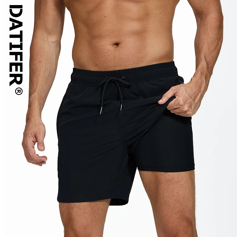 DATIFER Summer 2025 New Mens Shorts Polyester With Spandex Long Liner 2 in 1 Elastic Waist Side Zipper Pocket Gym Beach Swimwear