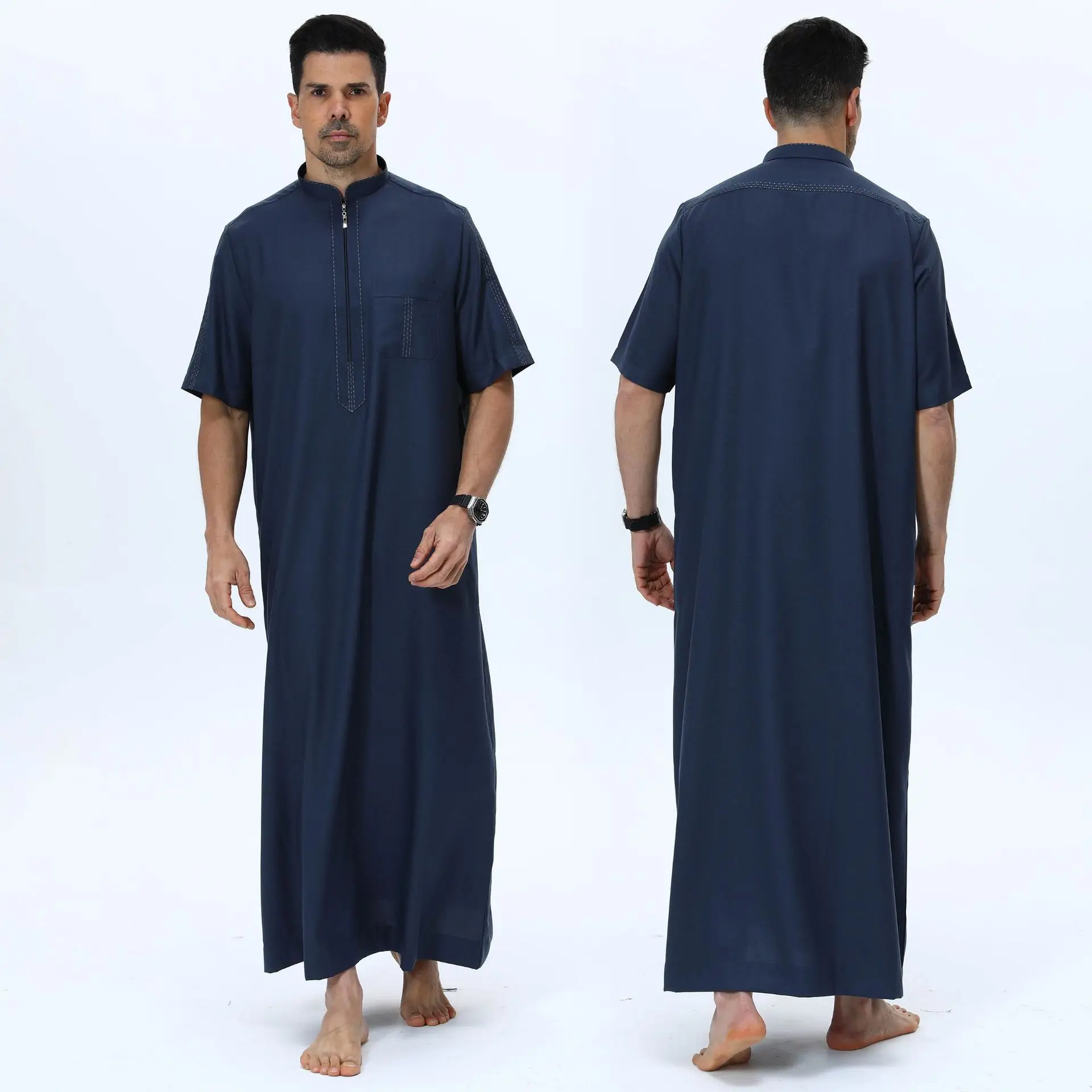 Zipper Robe for Men Saudi Arabic Jubba Thobe Short Sleeve Muslim Dress Turkey Kaftan Islam Clothing Daffah Dishdasha Thoub Robes