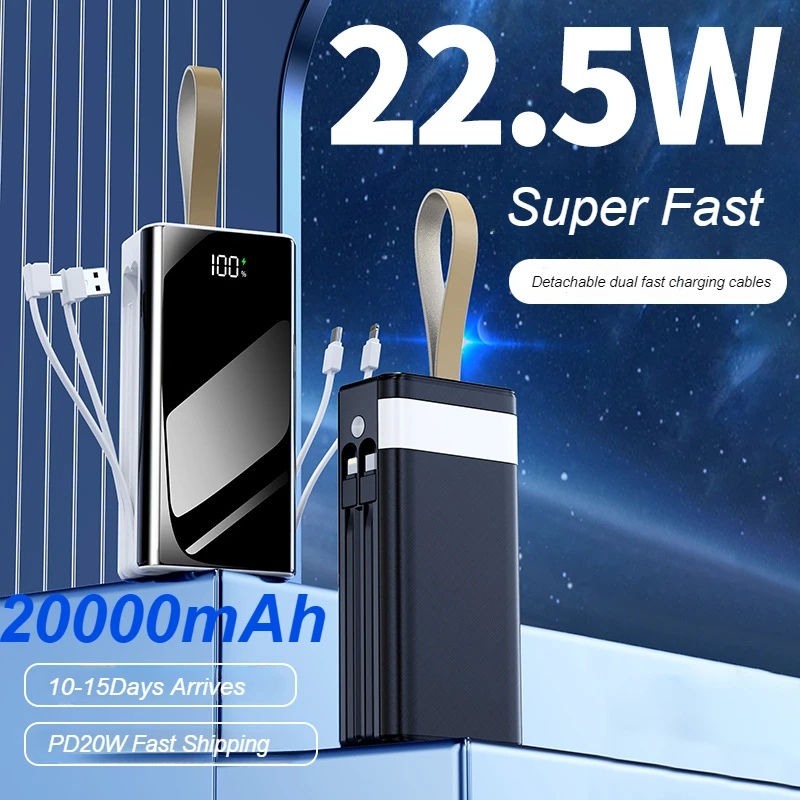 

22.5W 200000mAh Thicken Power Bank Big capacity Built-in Cables External Battery LED Light Power Bank for iPhone Lenovo