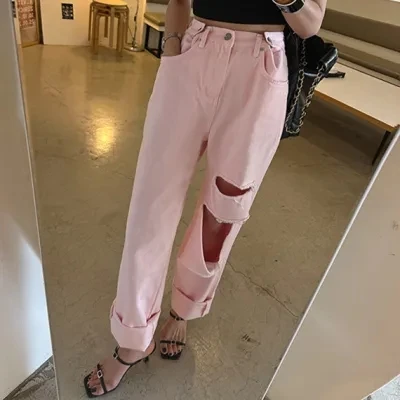 

High Waist Straight Leg Jeans Tear Casual Style Denim Pants Women's Fashion Summer New Arrival Korean Style Jeans