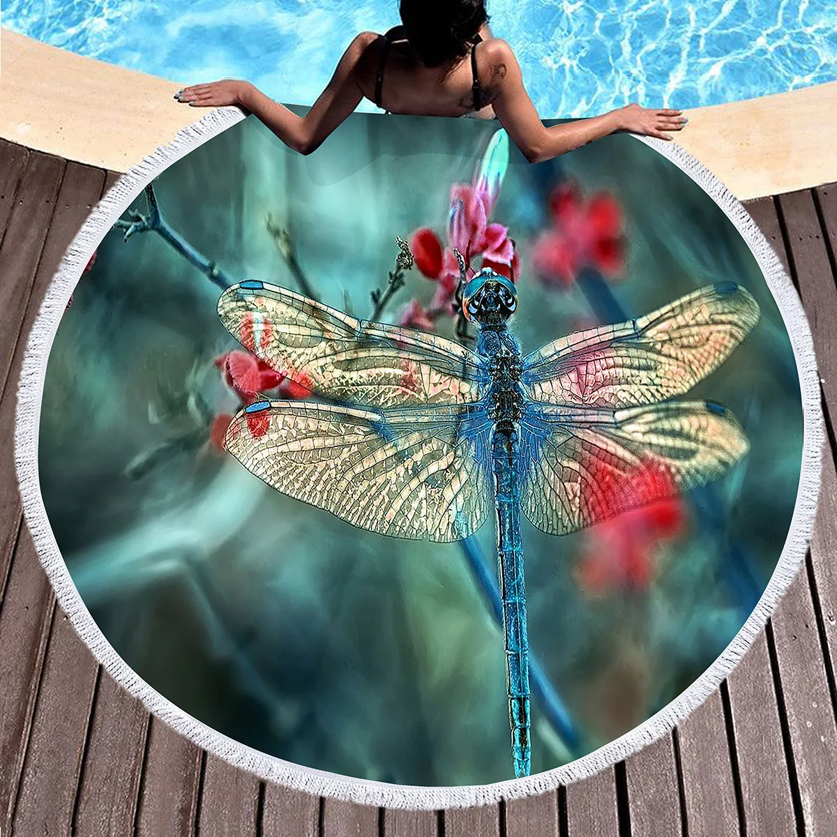 منشفة شاطئ مستديرة مطبوعة على شكل حشرة، بطانية شاطئ مقاومة للرمال من البوليستر اليعسوب، منشفة حمام مستديرة ماصة سريعة الجفاف، سجادة نزهة #4