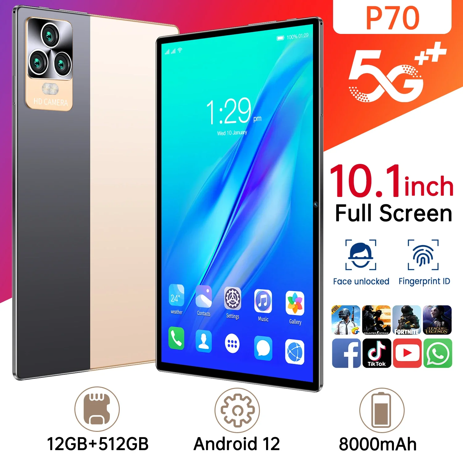 แท็บเล็ตแอนดรอยด์เวอร์ชัน2023 gobal P70 10.1นิ้วแอนดรอยด์12GB 12GB 12GB 512GB Deca Core 24 + 48MP WPS + 5G WIFI