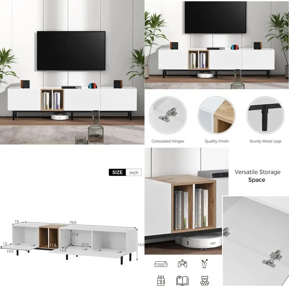 77 Inch Modern TV Stand for TVs Up to 80”, Minimalist Entertainment Center with 3 Cabinets & Open Shelves, Media Console Table w