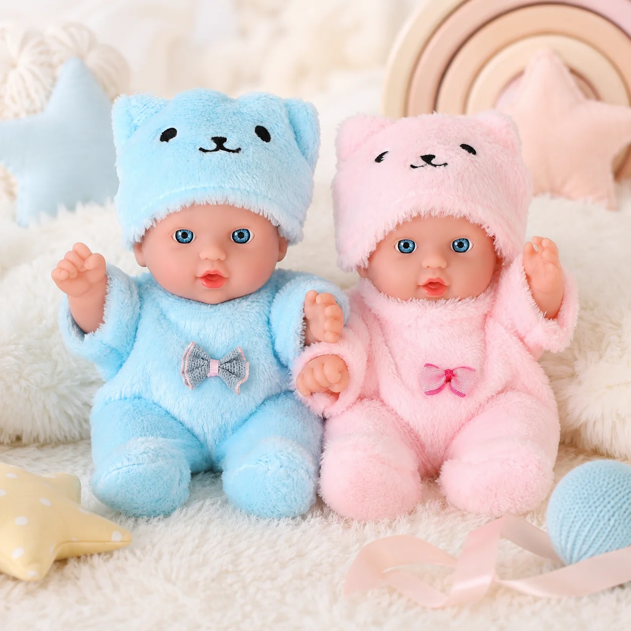 8inch 20cm Mini Reborn Baby Doll with Plush Outfit Set Pink Blue Animal Hat Romper Cute Soft Toy Birthday Gift for Kids Girls