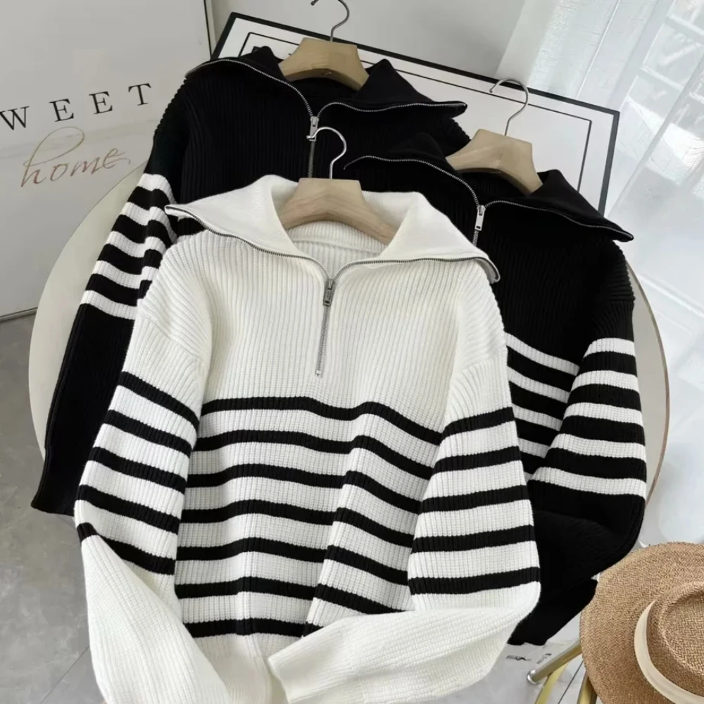 Cos Lris loose collar knitted sweater 2024 autumn striped casual temperament pullover sweater for women 1099812009