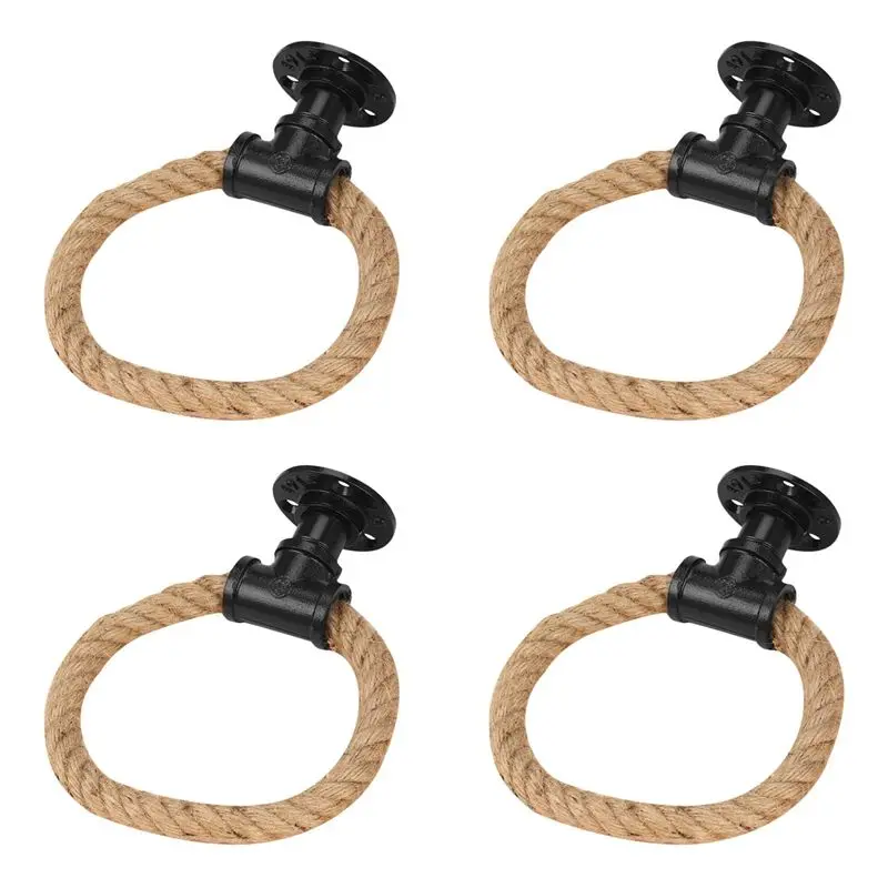 

ABPQ-4X Vintage Towel Rack Ring Industrial Style Wall Mount Towel Holder Iron Pipe Jute Rope Bathroom