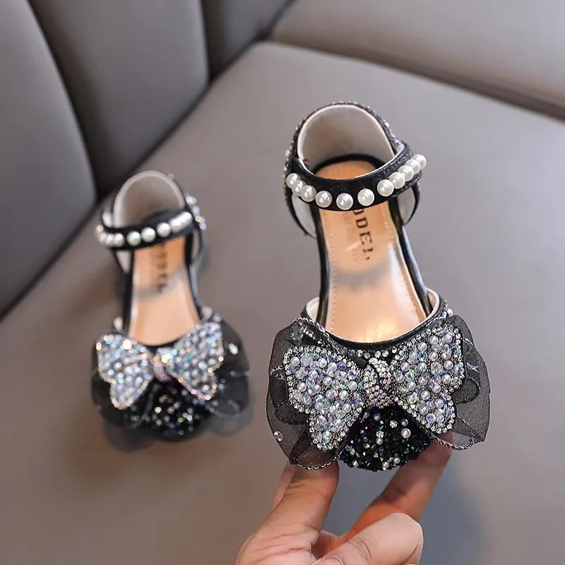 

Summer Autumn New Girls Diamond Princess Shoes Fashion Children's Sequin Sweet Bow Sandals Kids Pearls Dancing Sandals