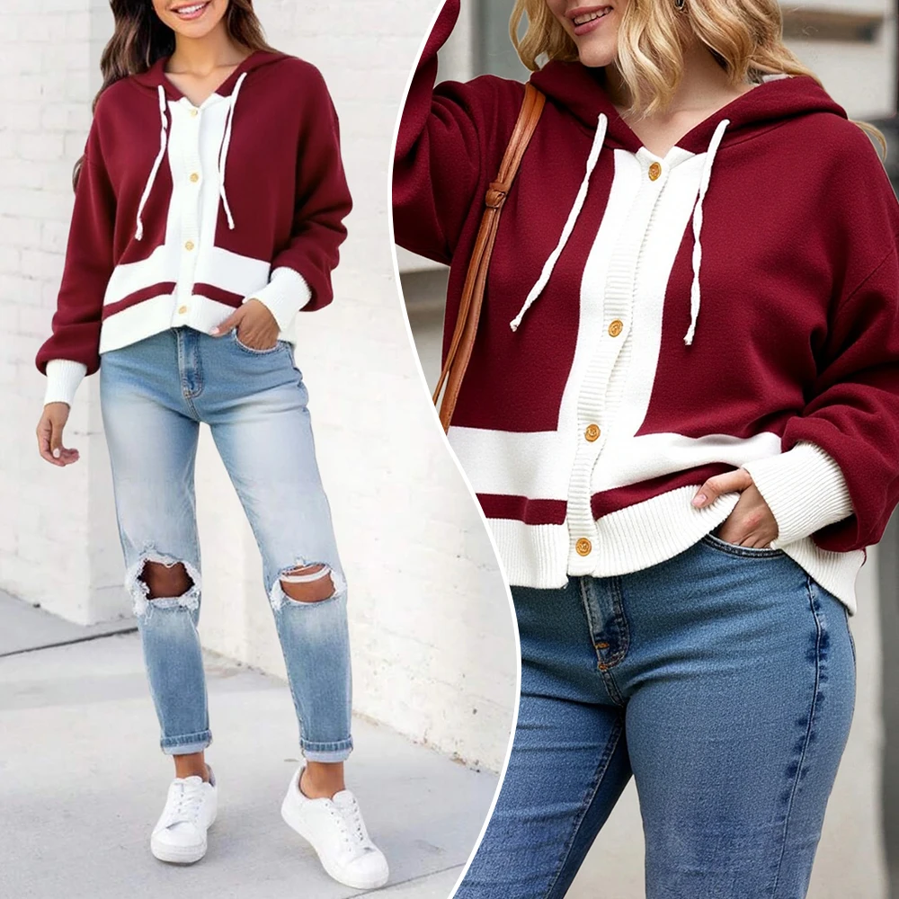 

Women's Patchwork Cardigan Minimalist Two-Tone Design Hooded Front Button Closure Long Sleeve Comfortable Lounge Wear