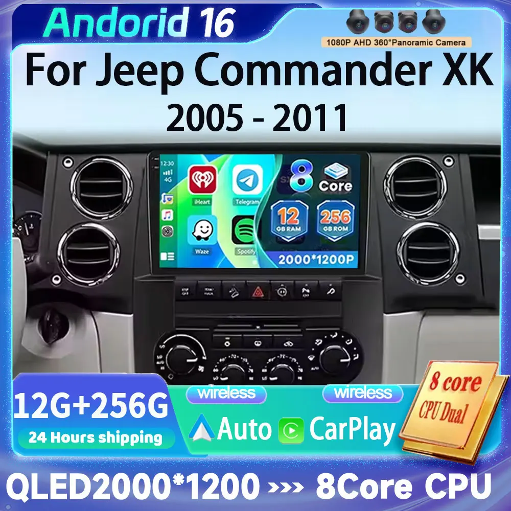 Android 16 Carplay Auto For Jeep Cherokee Commander XK 2005 2006 2007 2008 2009 2010 2011 Car Radio Multimedia Player GPS Stereo