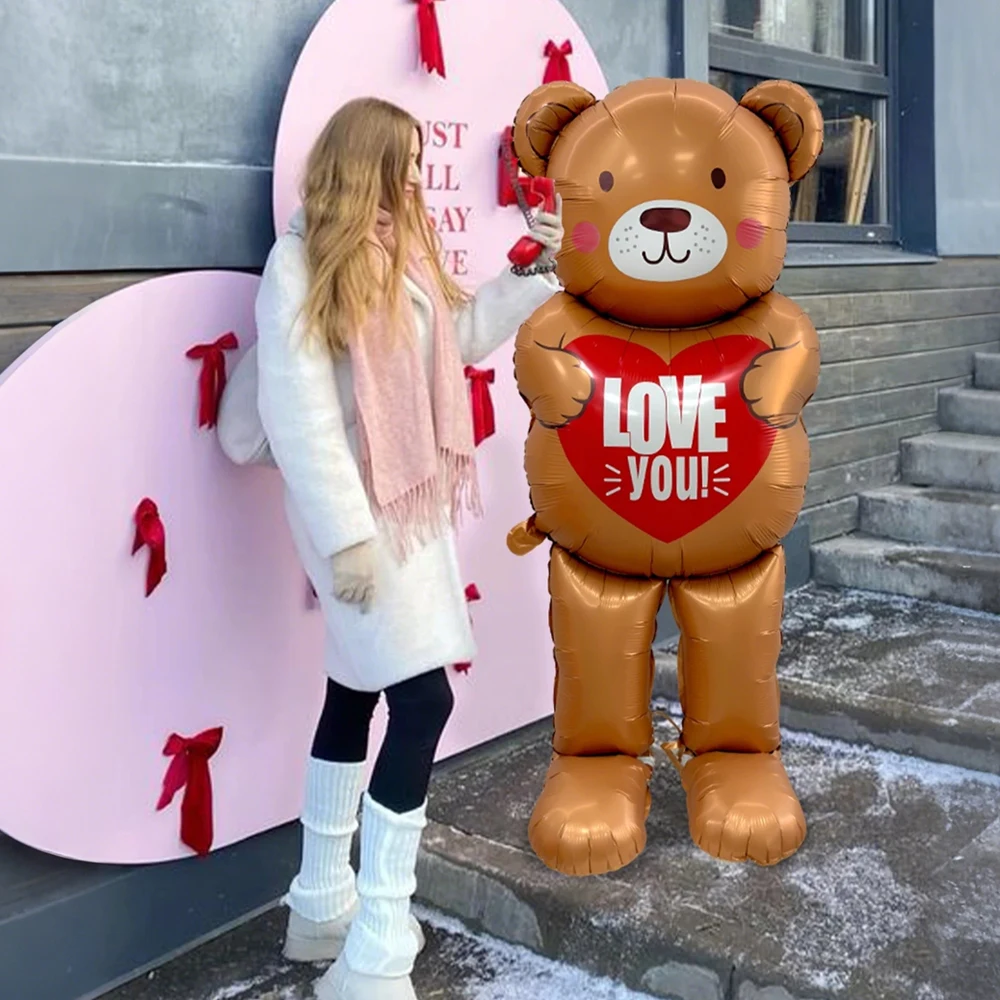 1pc 'I Love You' Standing Heart-Shaped Brown Bear Balloon. Suitable for Valentine's Day, Birthdays, Party Decorations - view 2