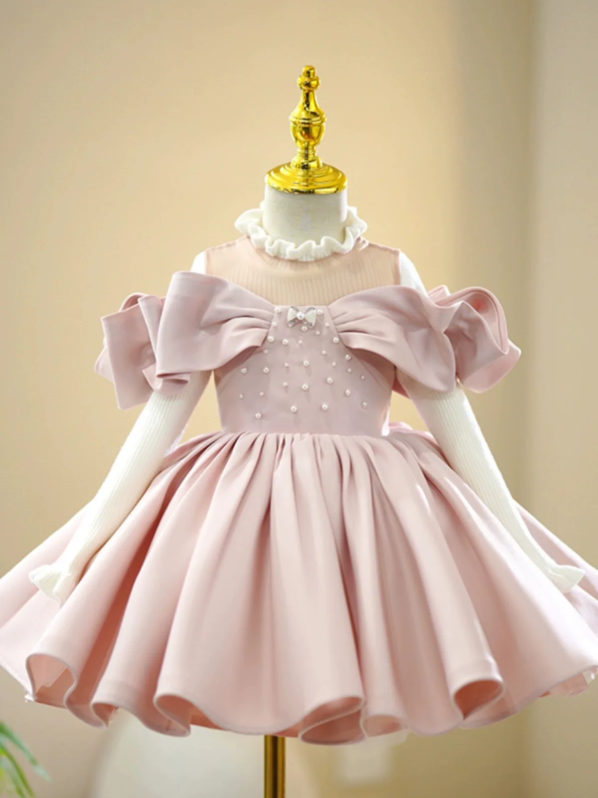 Customized O-neck Bow Princess Ball Gown Vestidos Pleated Patchwork Puff Sleeve Sweet Flower Girls Dresses Slim Kid Birthday Par