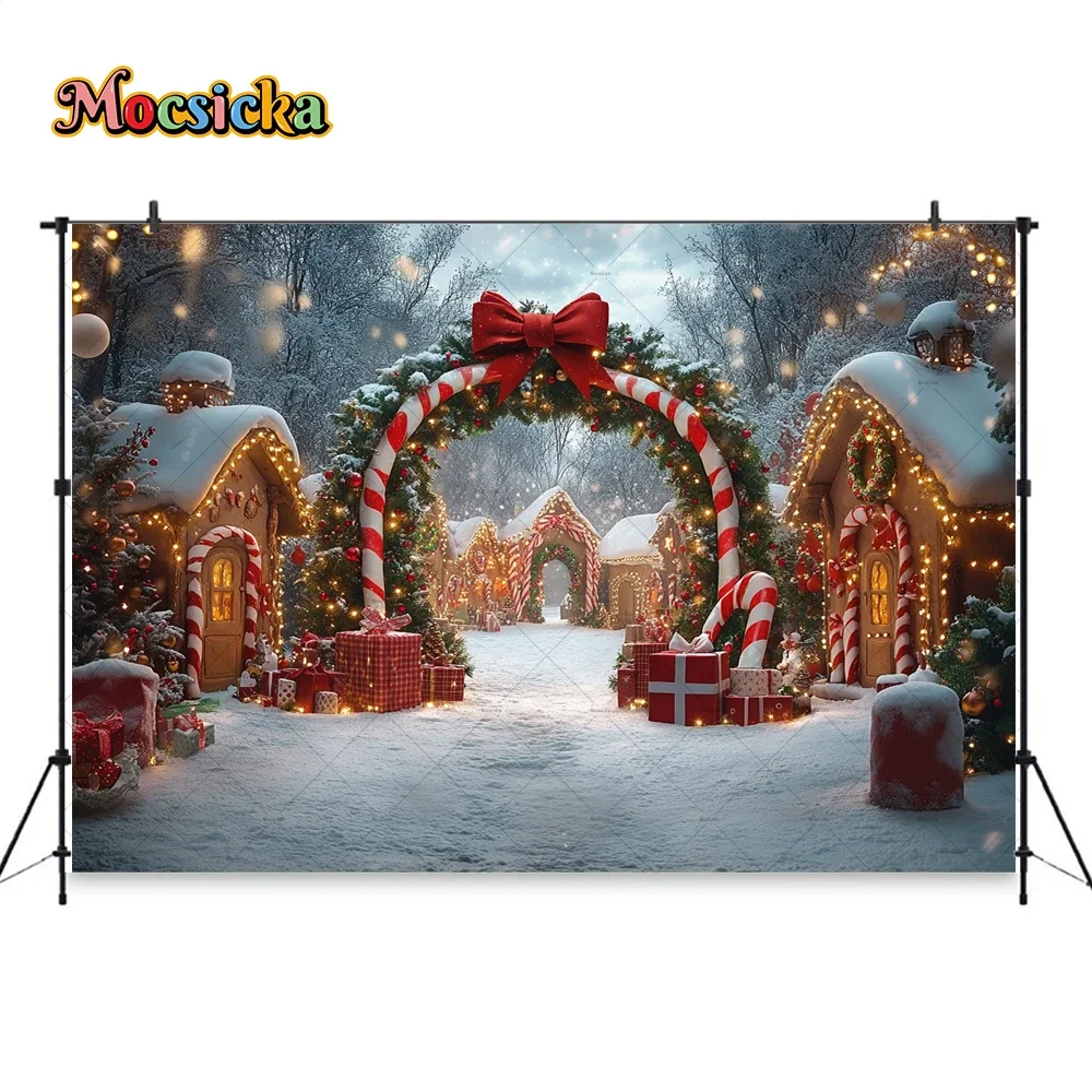 Fondo de casa de jengibre de Navidad fotografía País de las Maravillas bastón de caramelo arco flor de Navidad puerta nieve telón de fondo estudio fotográfico de invierno