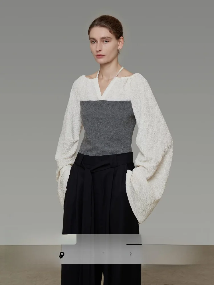 

UNSPOKEN Color Blo V-Ne трикотаж женский свободный повседневный длинный хлопковый топ све оригинальный дизайн весенняя мода