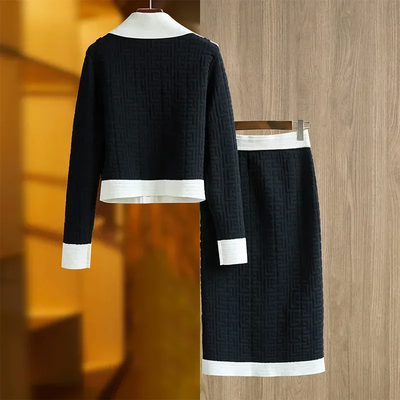 Knitwear Black Women Suit Set 2 Pieces Knit Jacket+Midi Prom Dress Female Office Lady Daily Work Wear Single Breasted Coat