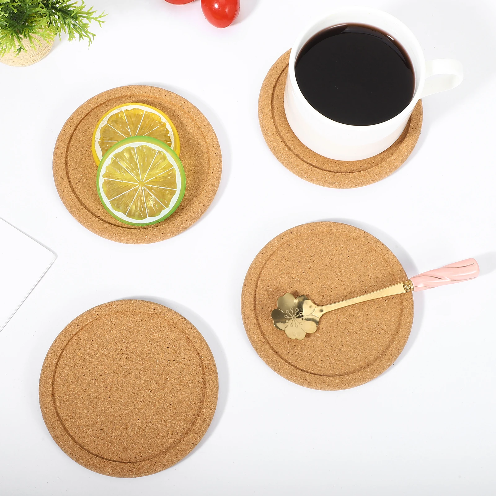 

12 Pcs Cork Coasters Round Absorbent Convex Edge Protect Furniture Wood Color Office Home Bar Restaurant Dining Mat