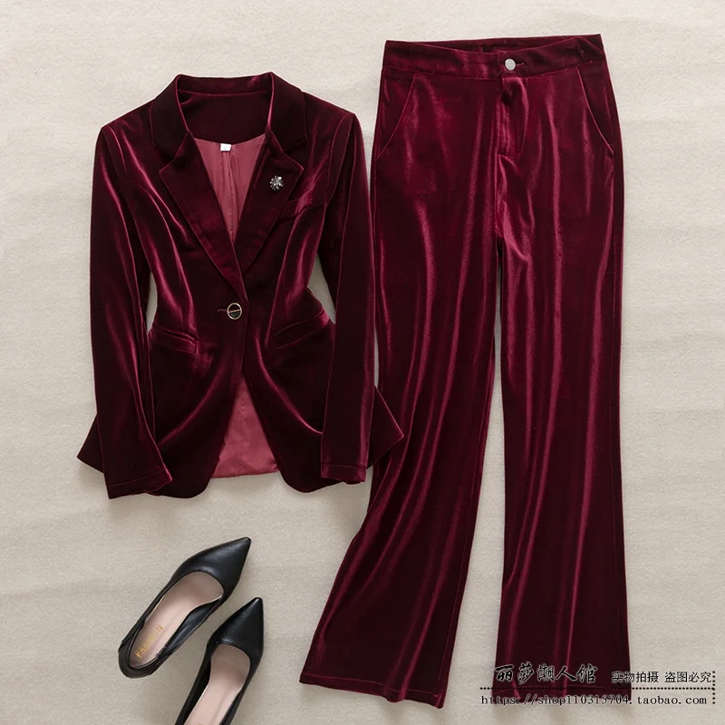 2024 Spring and Autumn Season Women Slim Gold Velvet Suit Short Waist Collection Velvet Suit Wide Leg Pants OL Two Piece Set