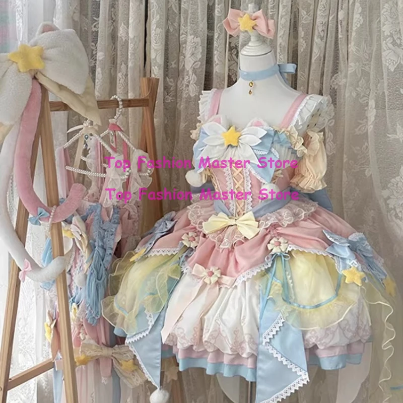 

Summer Cute Cos Costumes Dress Magic Girl Lolita Pink and Blue Jsk Flower Dress Women's Sweet Marriage Princess Dress Set