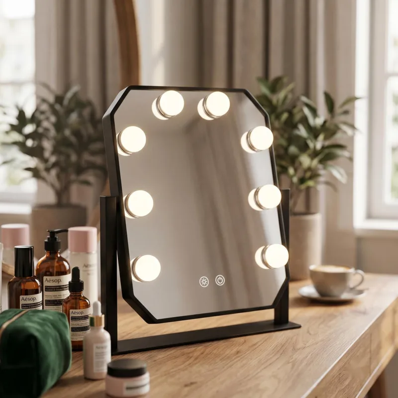 Makeup Mirror With LED Light Bulbs 2000mAH USB Charge  Smart Touch Control 3 Colors Tabletop Cosmetic Mirror Octagonal Mirror