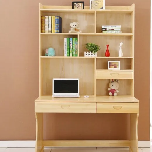 مكتب وكرسي كمبيوتر بسيط من الخشب الصلب مع رف كتب مكتبي، تصميم حديث لتعلم وكتابة الأطفال