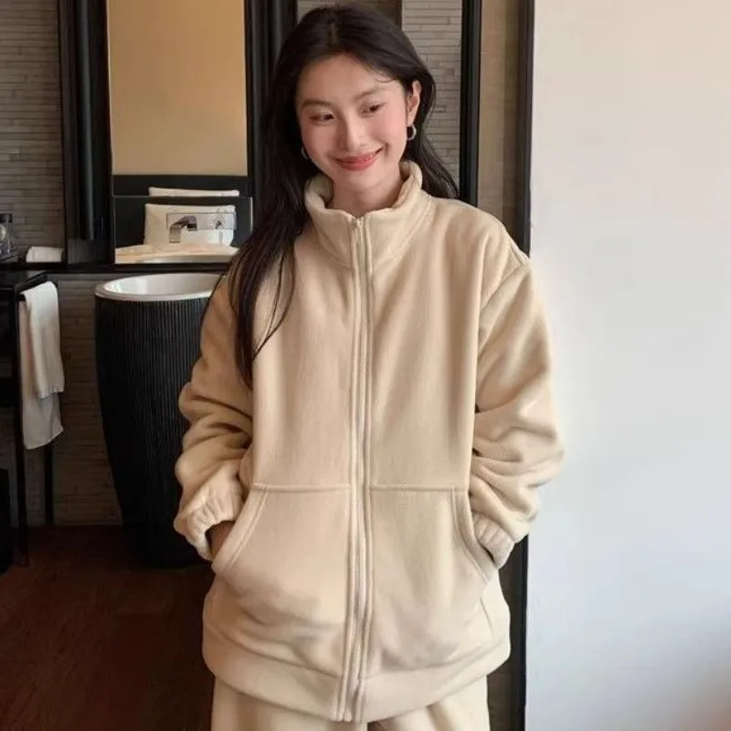 Can Be Worn Outside Double Polar Fleece Warm Female Winter Korean Version Fallow Loose Thickening Type Two-piece Loungewear