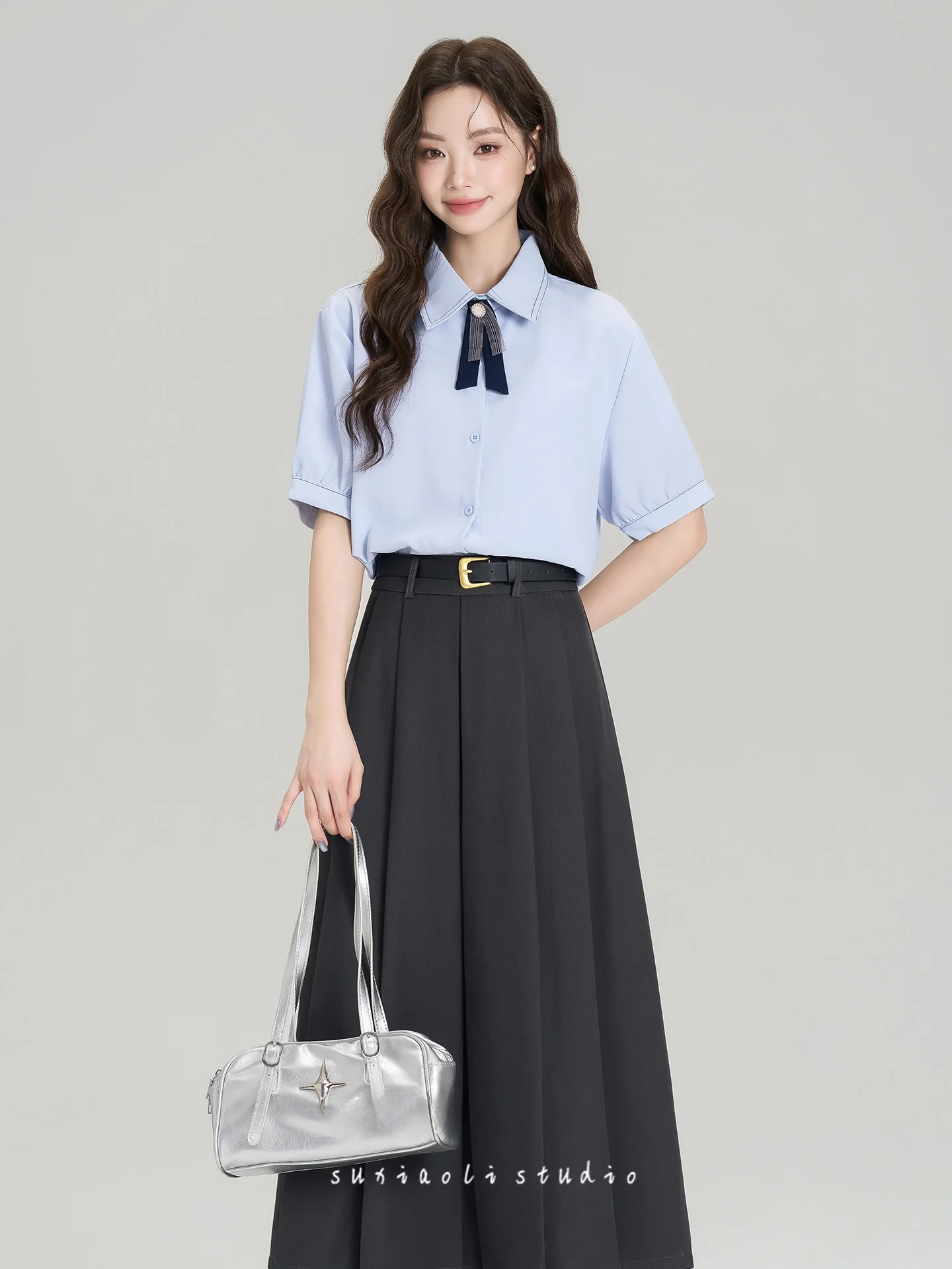 

Su Xiaole Summer New College Style Blue Short Sleeve Shirt Pleated Skirt Women's Interview Outfit Set Breathable Co...