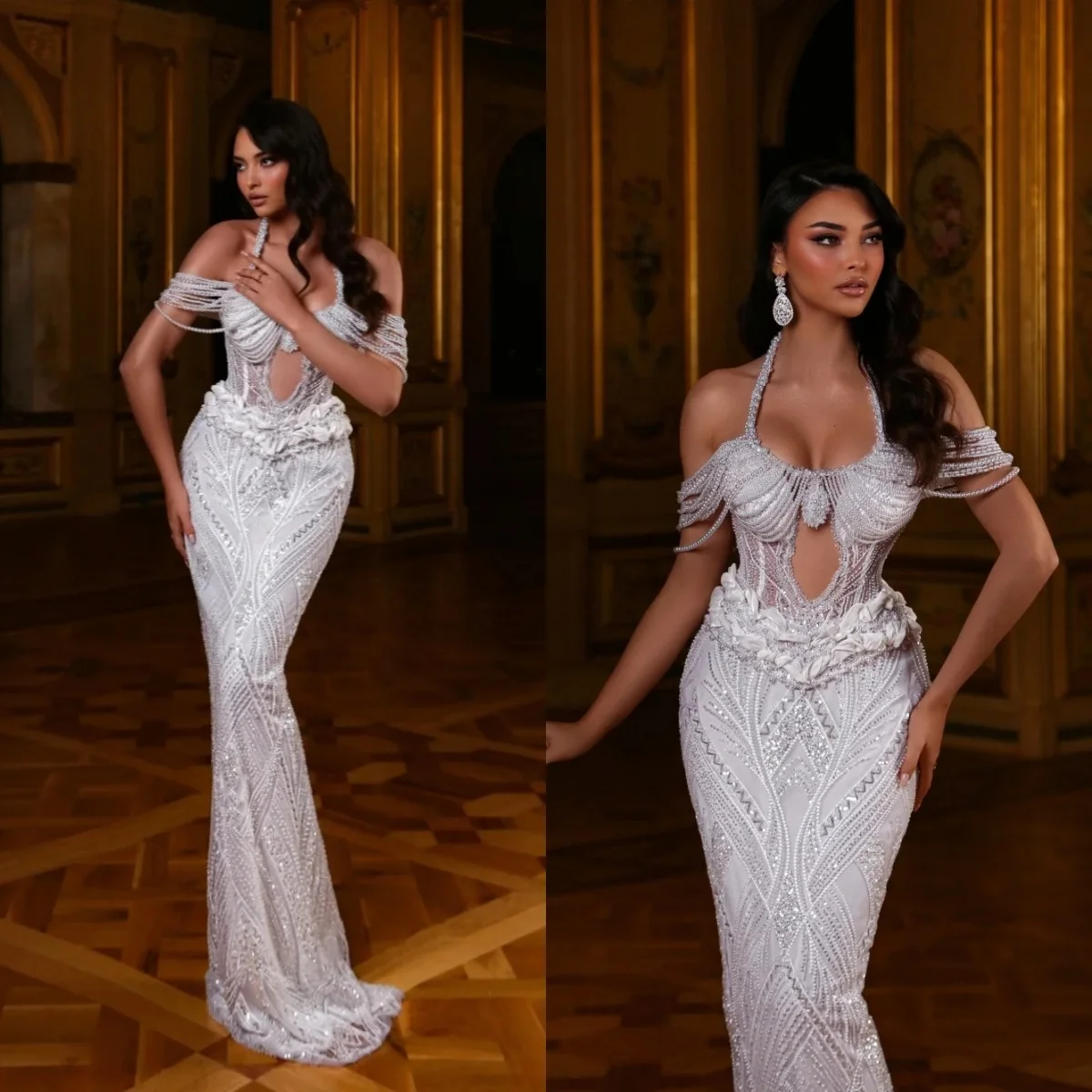 Luxury Wedding Dresses Halter Pearls Mermaid Bridal Gowns Ruffle Sequins Beading Slim Fit Princess Customized Vestidos De Novia