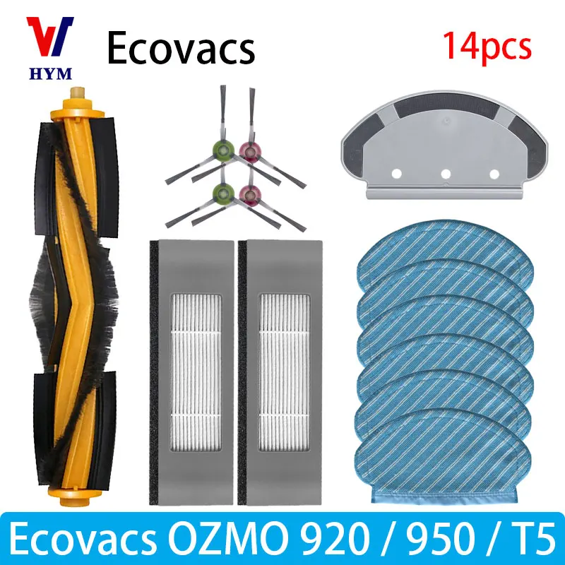 Accessoires voor Ecovacs Debot OZMO T5 / 920 / 950: hoofdborstel, zijborstel, waterreservoir, wielen, filter, dweil, reserveonderdelen voor stofzuiger.