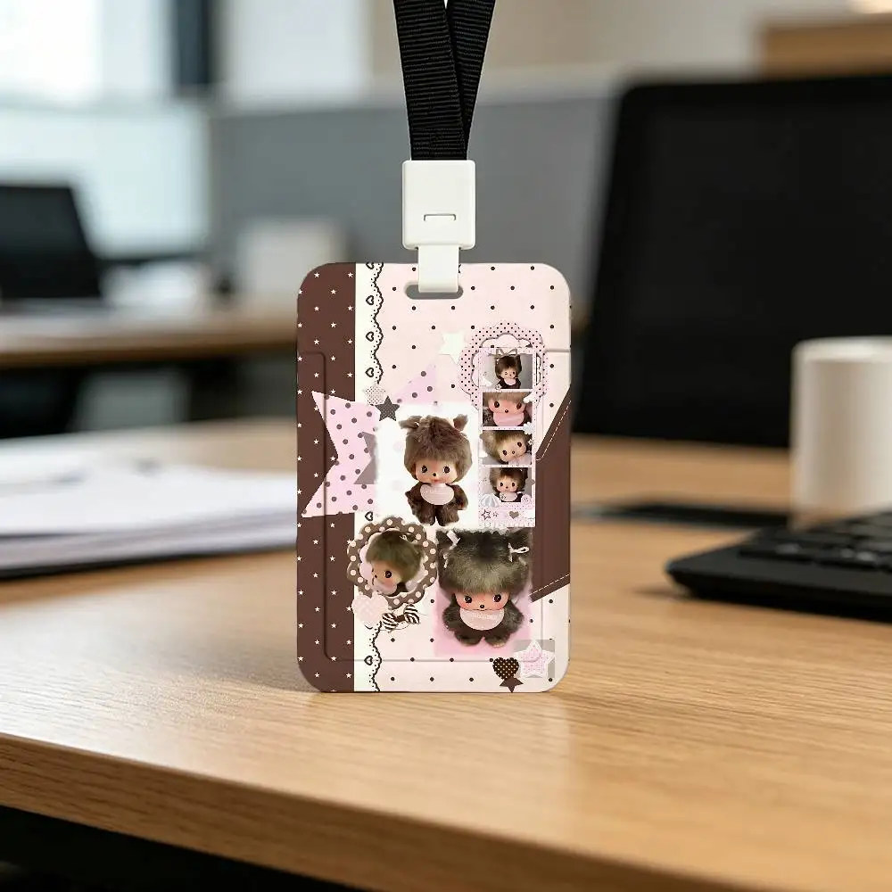 Furry Cute Kawaii Monchhichi Print Card Printed Tag Holder With Detachable Lanyard, Business Employee ID Card Holder