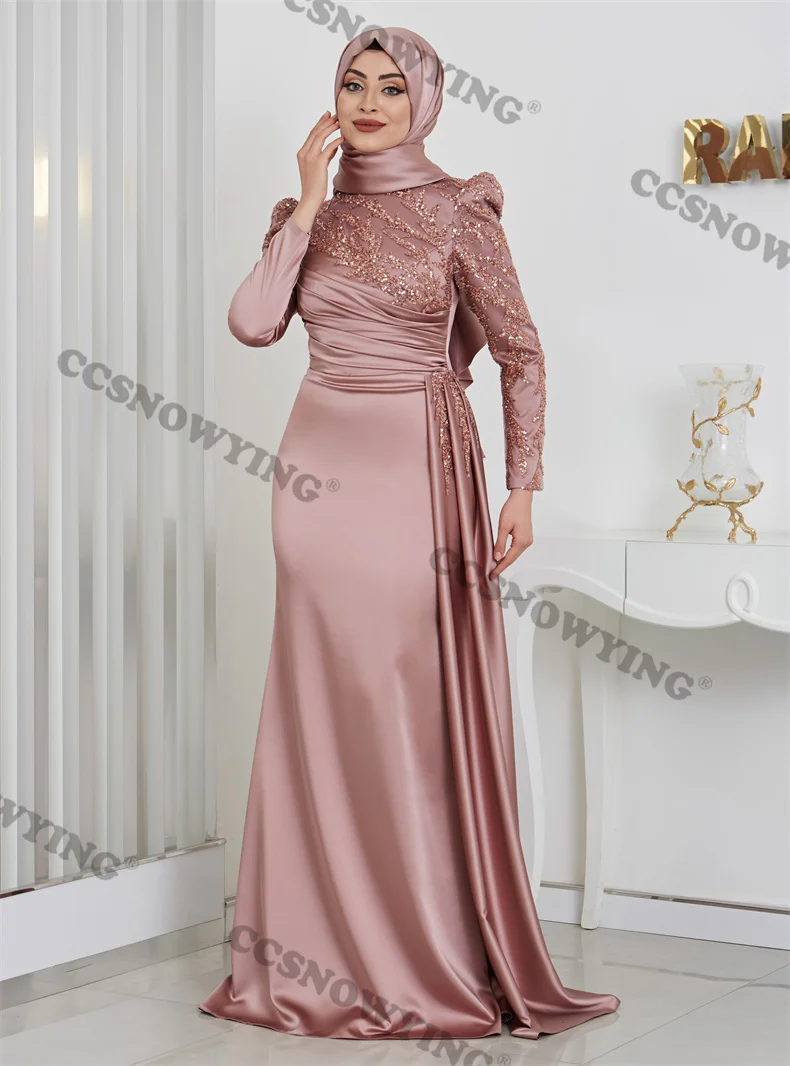 

Long Sleeve Muslim Evening Dresses Satin Appliques Beaded Hijab Islamic Formal Party Gown Women Arabic Kafatn Robe De Soiree