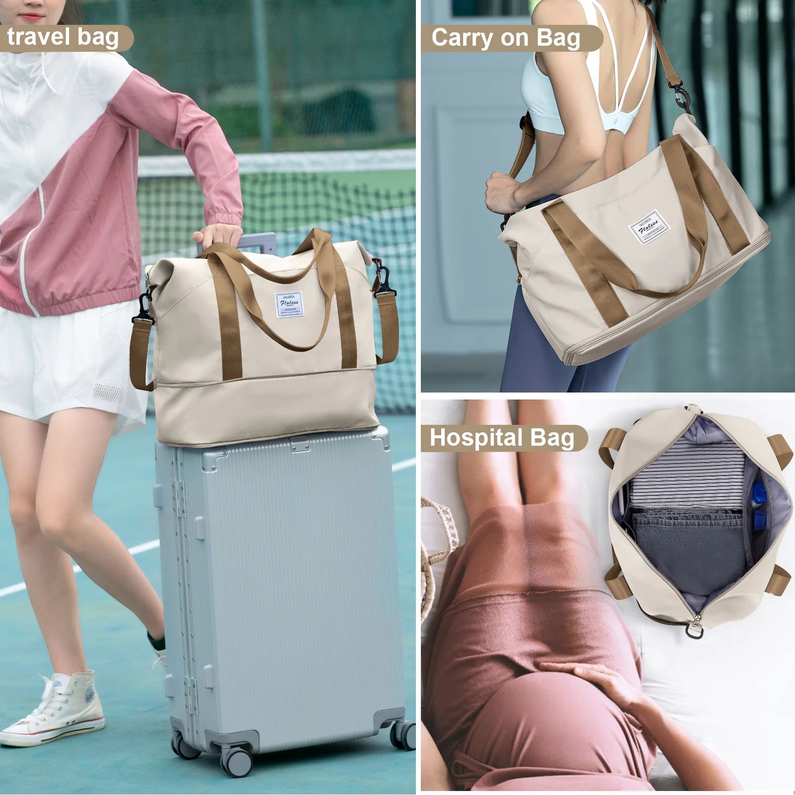 Travel Duffel Bag Sports Tote Gym Bag Shoulder Weekender Overnight Bag for Women Foldie Travel Bag Expandable