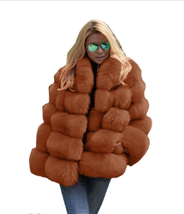 PULABO 2024 Winter New Fashion Women Faux Fur Coat Female Orange Elegant Fluffy Thick Warm Artificial Fox Fur Jacket Outerwear